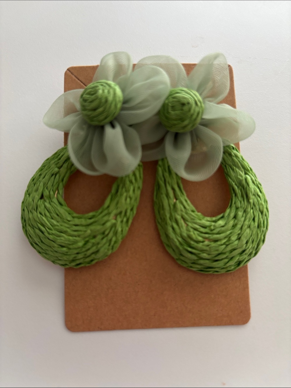 Fashion Jewelry Light Green Floral Raffia Drop Earrings - Picture 2 of 4